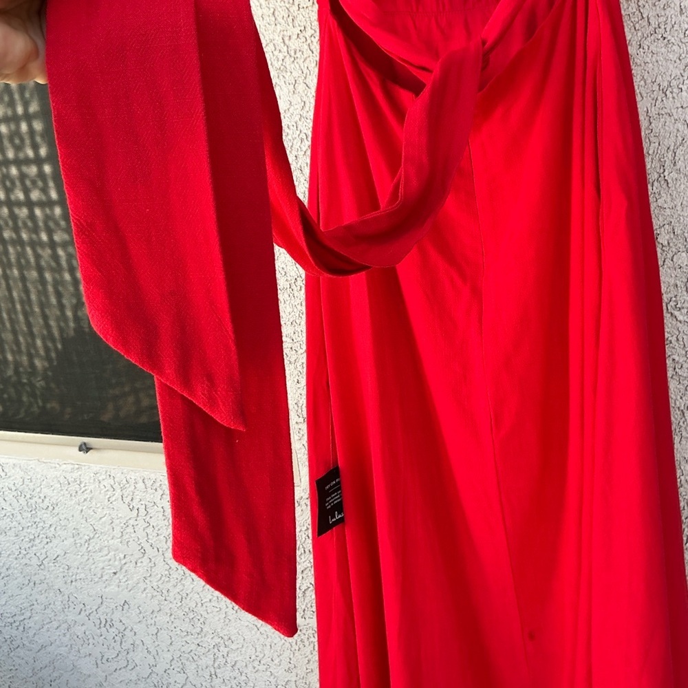NWT Lulu’s Sunny Energy Red Lace-Up Midi Dress with Pockets Small Vacation Chic - Picture 11 of 14